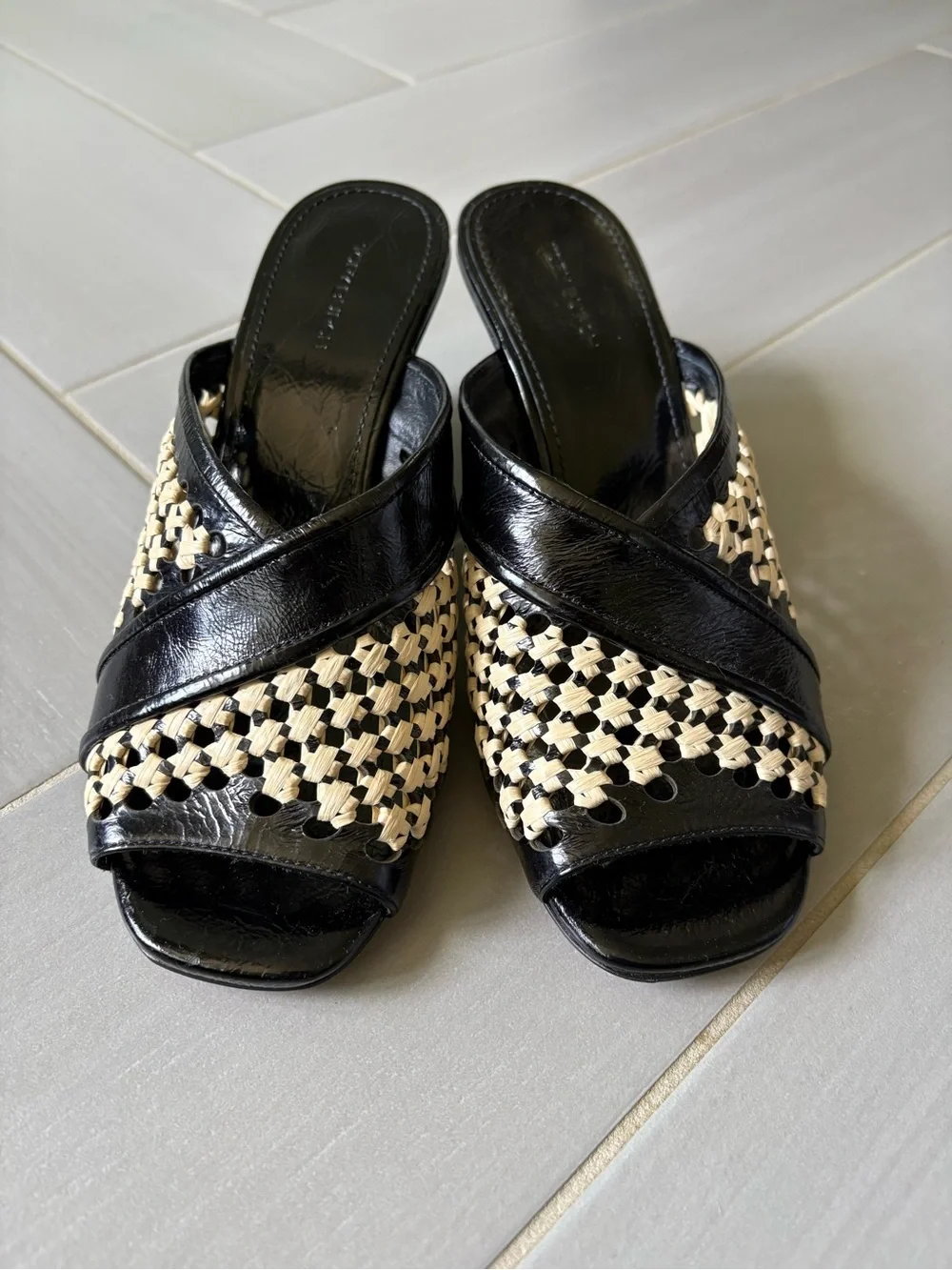 Tory Burch Black and Cream Woven Slide Sandals
